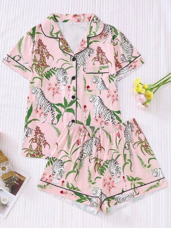 Other - Pink Floral Tiger Print Women's Pajama Short Sleeve Collared Top and Shorts set